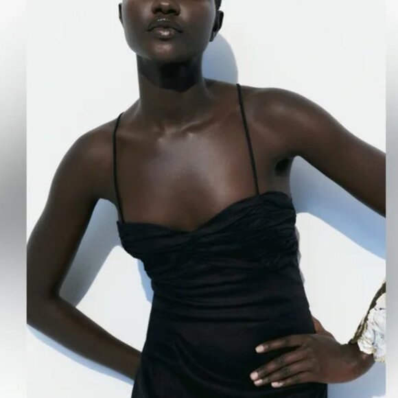 ZARA Linen Blend Black Babydoll Midi Dress Wedding Guest Beach Coastal XL NWT - Picture 2 of 14